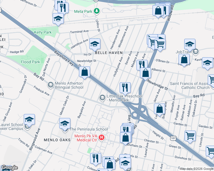 map of restaurants, bars, coffee shops, grocery stores, and more near 1035 Hollyburne Avenue in Menlo Park