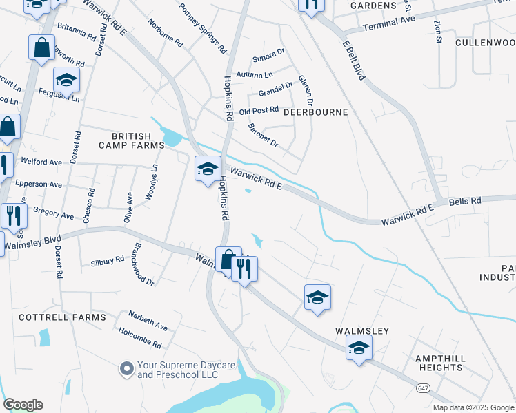 map of restaurants, bars, coffee shops, grocery stores, and more near 3417 Jessup Pond Lane in Richmond