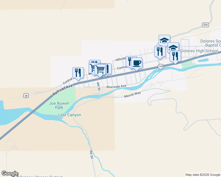 map of restaurants, bars, coffee shops, grocery stores, and more near 30244-30250 County Road U in Dolores