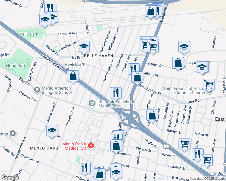 map of restaurants, bars, coffee shops, grocery stores, and more near 1127 Madera Avenue in Menlo Park