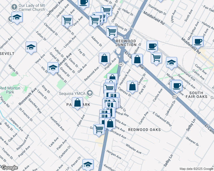 map of restaurants, bars, coffee shops, grocery stores, and more near 1535 Hess Road in Redwood City