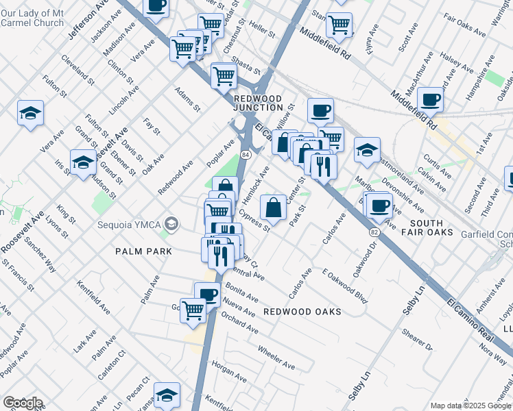 map of restaurants, bars, coffee shops, grocery stores, and more near 150 Locust Street in Redwood City