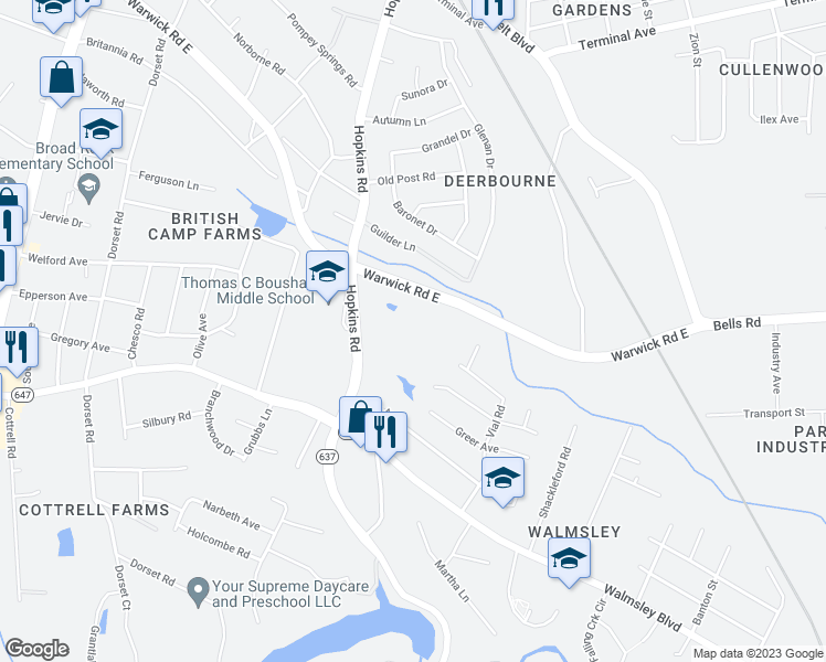 map of restaurants, bars, coffee shops, grocery stores, and more near 3329 Hopkins Road in Richmond