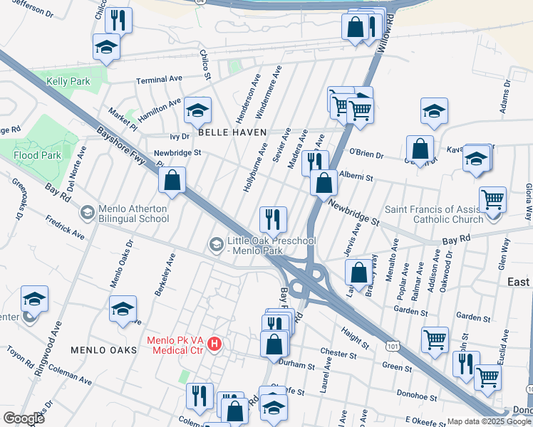 map of restaurants, bars, coffee shops, grocery stores, and more near 1127 Madera Avenue in Menlo Park