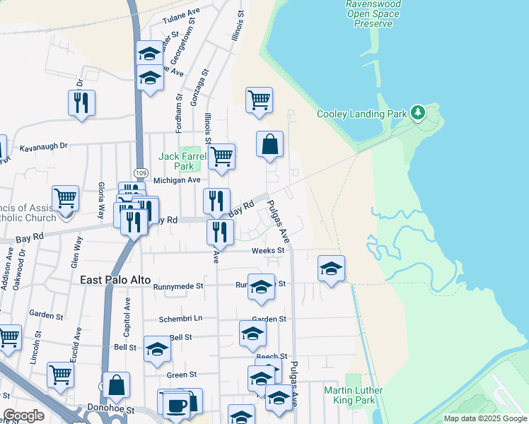 map of restaurants, bars, coffee shops, grocery stores, and more near 520 Aspen Place in East Palo Alto