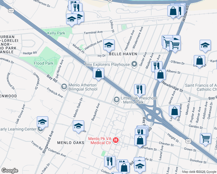 map of restaurants, bars, coffee shops, grocery stores, and more near 1030 Henderson Avenue in Menlo Park