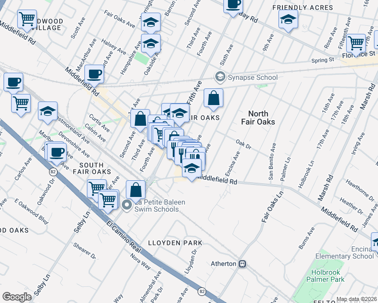 map of restaurants, bars, coffee shops, grocery stores, and more near 415 Eighth Avenue in Menlo Park