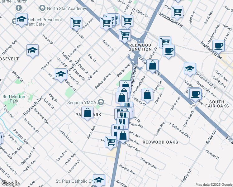 map of restaurants, bars, coffee shops, grocery stores, and more near 518 Lucerne Avenue in Redwood City