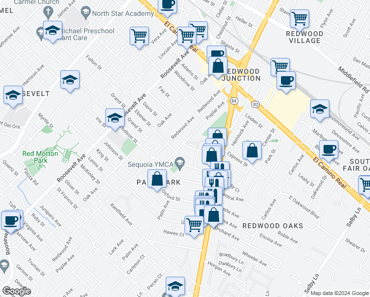 map of restaurants, bars, coffee shops, grocery stores, and more near 1445 Ebener Street in Redwood City