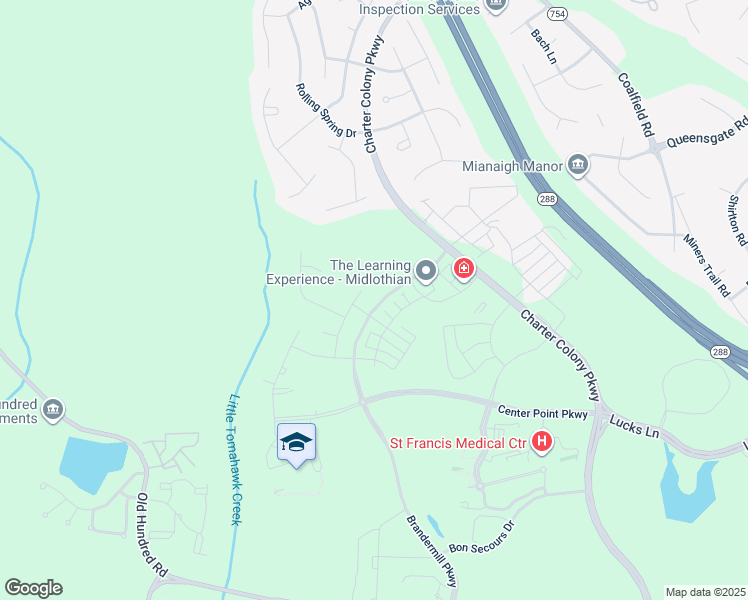 map of restaurants, bars, coffee shops, grocery stores, and more near 1101 Fernview Trail in Midlothian