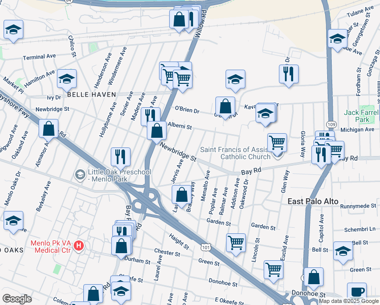 map of restaurants, bars, coffee shops, grocery stores, and more near 1007 Newbridge Street in East Palo Alto