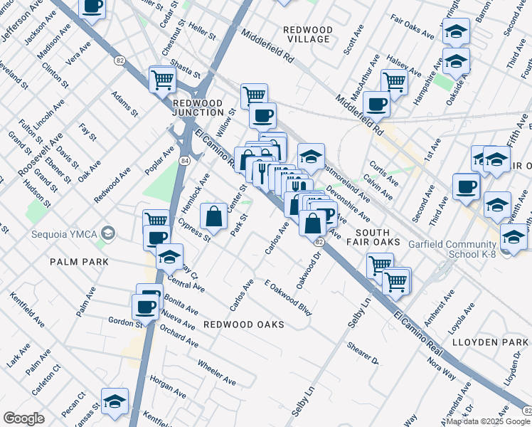 map of restaurants, bars, coffee shops, grocery stores, and more near 2580 El Camino Real in Redwood City