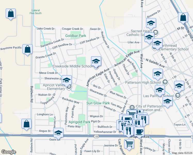 map of restaurants, bars, coffee shops, grocery stores, and more near 1240 Kingfisher Drive in Patterson