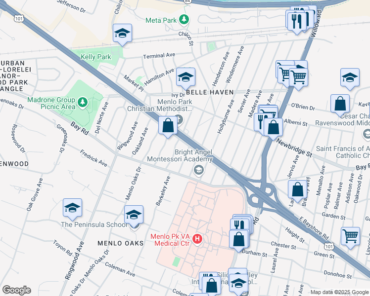 map of restaurants, bars, coffee shops, grocery stores, and more near 1030 Henderson Avenue in Menlo Park