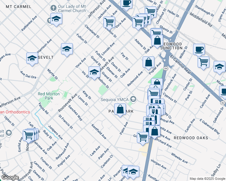 map of restaurants, bars, coffee shops, grocery stores, and more near 1219 Hudson Street in Redwood City