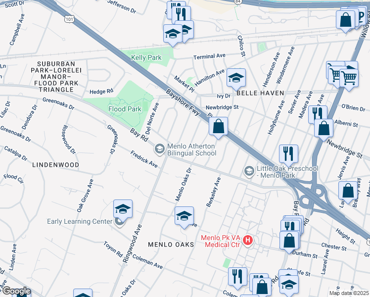 map of restaurants, bars, coffee shops, grocery stores, and more near 1025 Oakland Avenue in Menlo Park