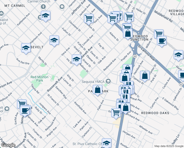 map of restaurants, bars, coffee shops, grocery stores, and more near 1219 Hudson Street in Redwood City