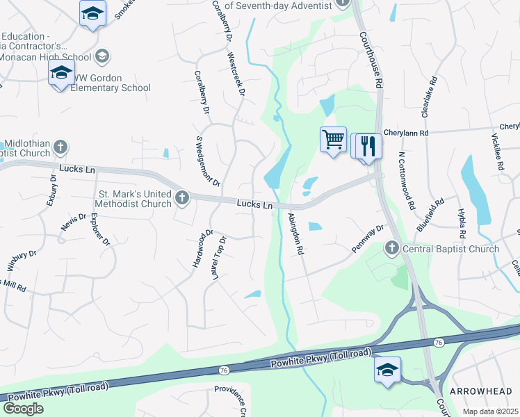 map of restaurants, bars, coffee shops, grocery stores, and more near 1201 Sweet Willow Drive in Midlothian
