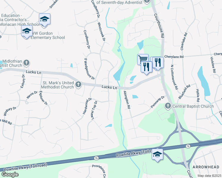 map of restaurants, bars, coffee shops, grocery stores, and more near 1201 Sweet Willow Drive in Midlothian
