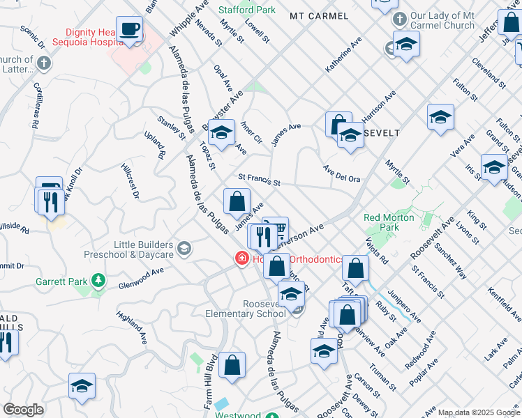 map of restaurants, bars, coffee shops, grocery stores, and more near 1921 James Avenue in Redwood City