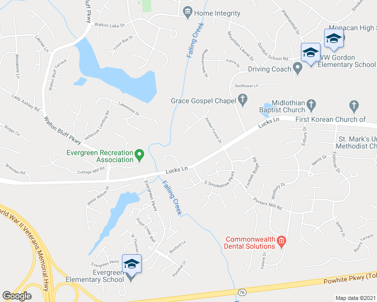 map of restaurants, bars, coffee shops, grocery stores, and more near 12200 Lucks Lane in Midlothian