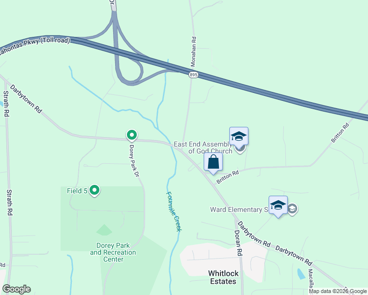 map of restaurants, bars, coffee shops, grocery stores, and more near 3122 Darbytown Road in Henrico