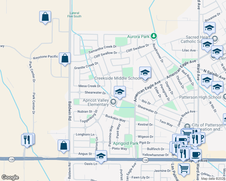 map of restaurants, bars, coffee shops, grocery stores, and more near 412 Henley Parkway in Patterson