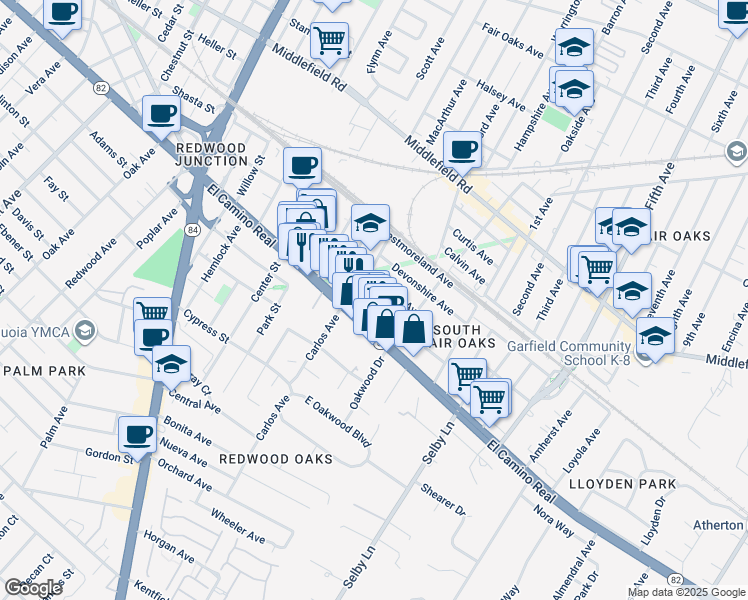 map of restaurants, bars, coffee shops, grocery stores, and more near 2727 Blenheim Avenue in Redwood City