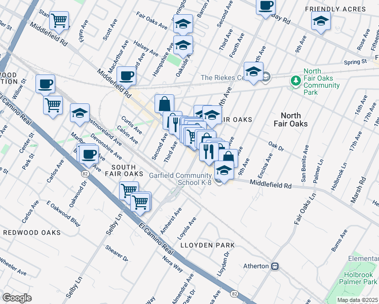 map of restaurants, bars, coffee shops, grocery stores, and more near in North Fair Oaks