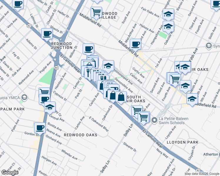 map of restaurants, bars, coffee shops, grocery stores, and more near 2727 Blenheim Avenue in Redwood City