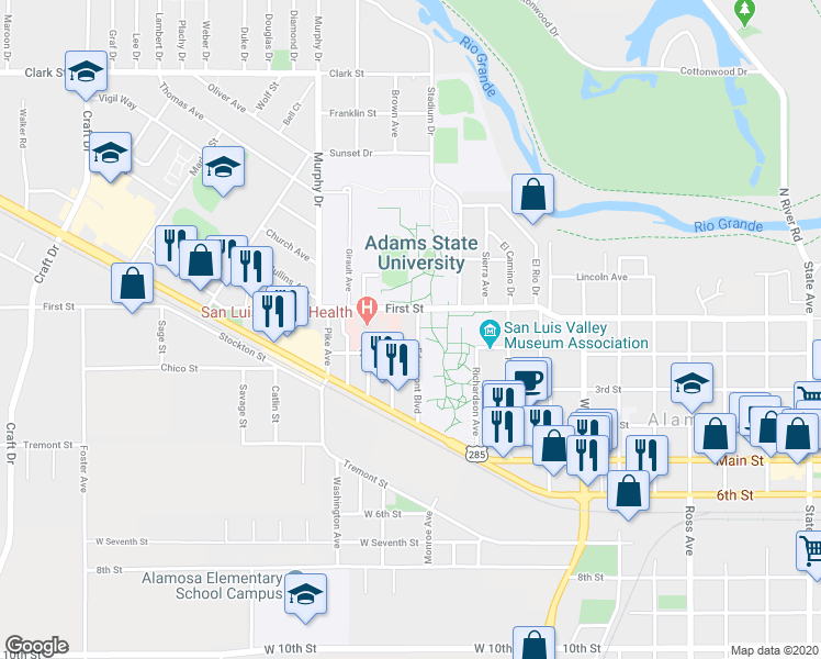 map of restaurants, bars, coffee shops, grocery stores, and more near 189 Edgemont Boulevard in Alamosa