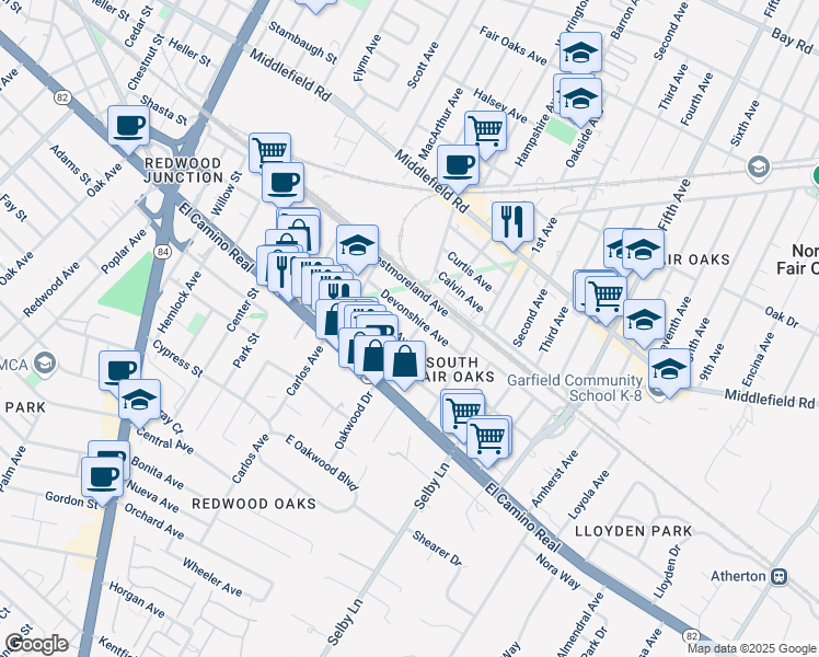 map of restaurants, bars, coffee shops, grocery stores, and more near 110 Dumbarton Avenue in Redwood City
