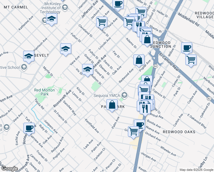 map of restaurants, bars, coffee shops, grocery stores, and more near 611 Oak Avenue in Redwood City