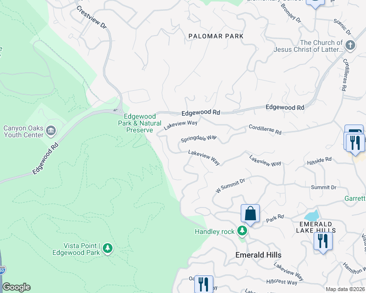 map of restaurants, bars, coffee shops, grocery stores, and more near 175 Springdale Way in Emerald Hills
