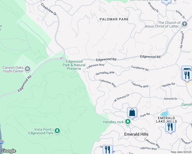 map of restaurants, bars, coffee shops, grocery stores, and more near 175 Springdale Way in Emerald Hills
