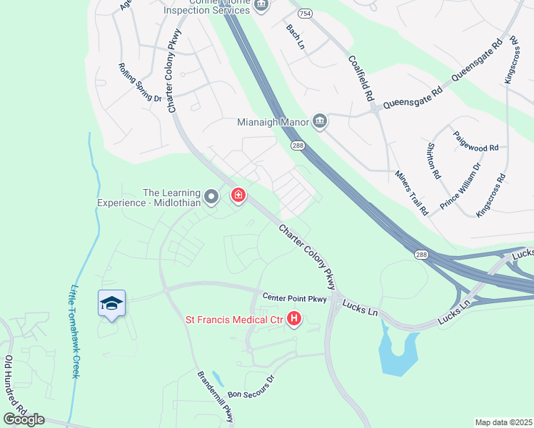 map of restaurants, bars, coffee shops, grocery stores, and more near 1351 Charter Colony Parkway in Midlothian