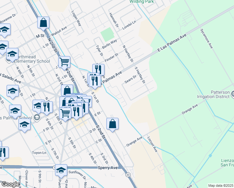 map of restaurants, bars, coffee shops, grocery stores, and more near 119 Paramatta Drive in Patterson