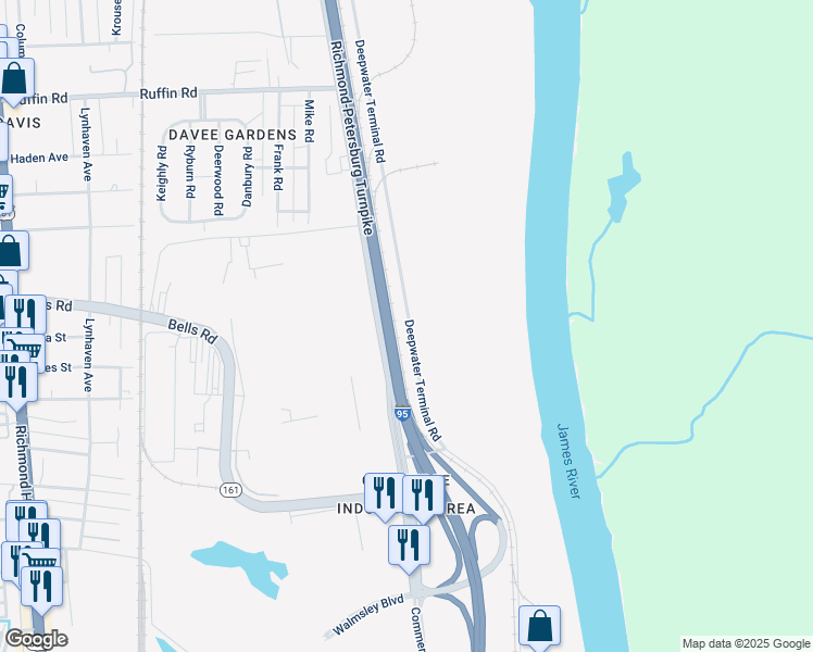 map of restaurants, bars, coffee shops, grocery stores, and more near 3900 Deepwater Terminal Road in Richmond
