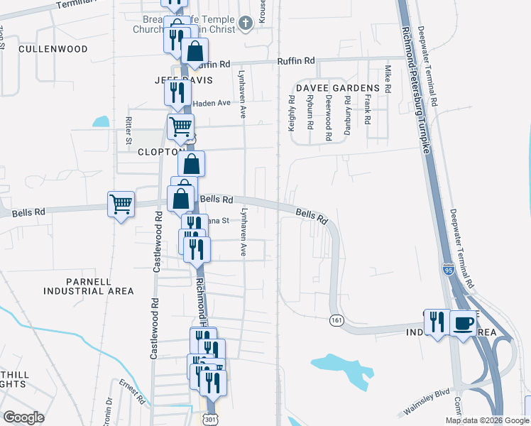 map of restaurants, bars, coffee shops, grocery stores, and more near 2403 Bells Road in Richmond