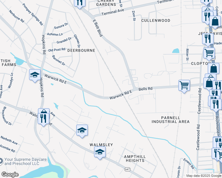 map of restaurants, bars, coffee shops, grocery stores, and more near 3701 Platinum Road in Richmond