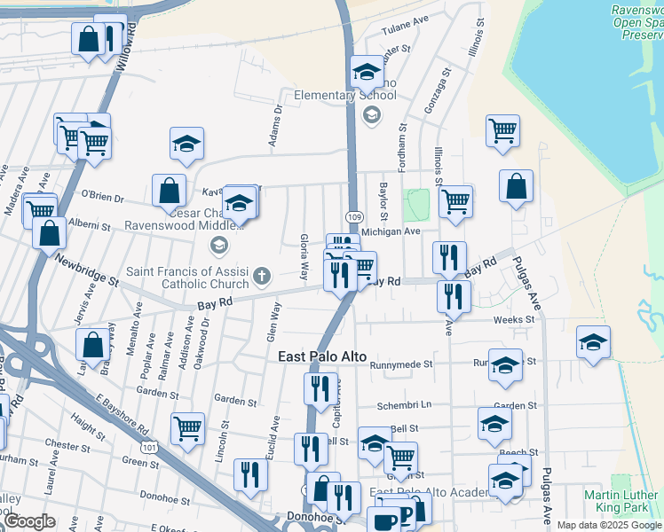 map of restaurants, bars, coffee shops, grocery stores, and more near 2415 University Avenue in East Palo Alto