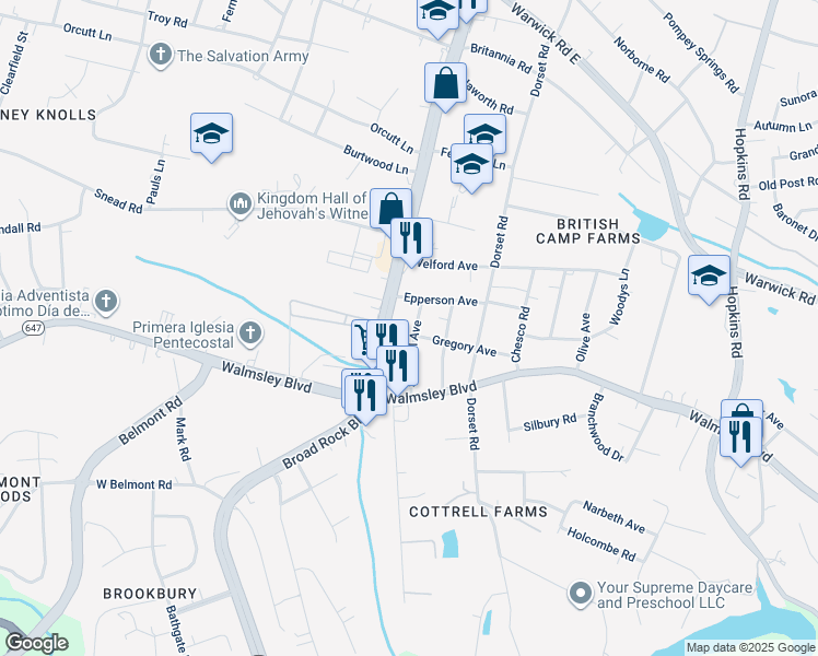 map of restaurants, bars, coffee shops, grocery stores, and more near 3222 Southall Avenue in Richmond