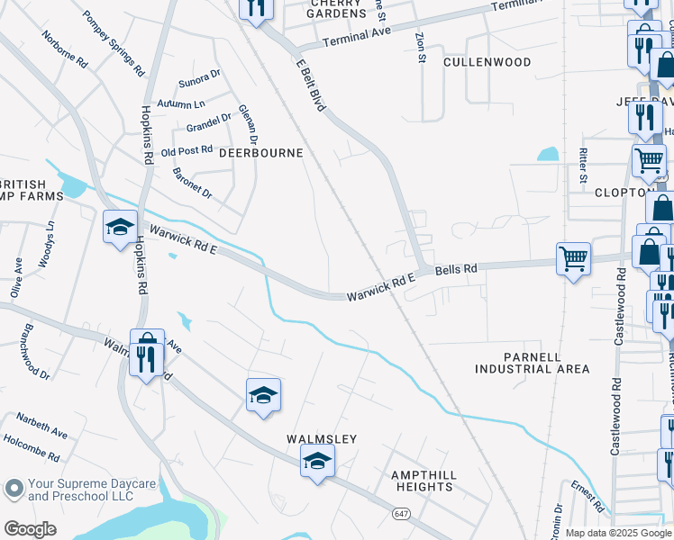 map of restaurants, bars, coffee shops, grocery stores, and more near 3701 Platinum Road in Richmond