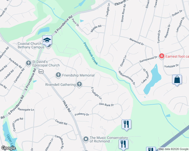 map of restaurants, bars, coffee shops, grocery stores, and more near 2000 South Twilight Lane in Bon Air