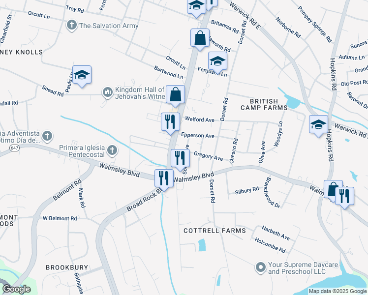 map of restaurants, bars, coffee shops, grocery stores, and more near 3222 Southall Avenue in Richmond