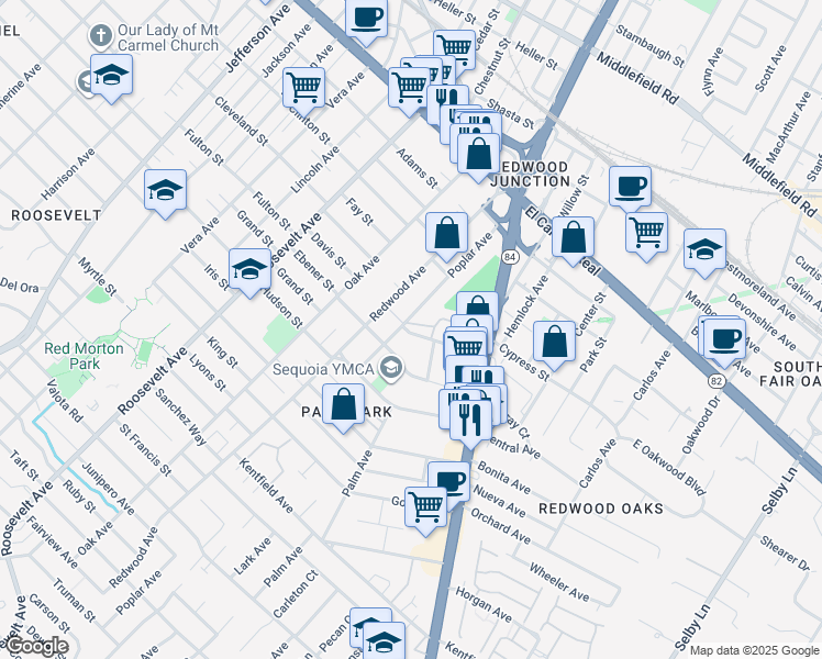 map of restaurants, bars, coffee shops, grocery stores, and more near 1401 Hess Road in Redwood City