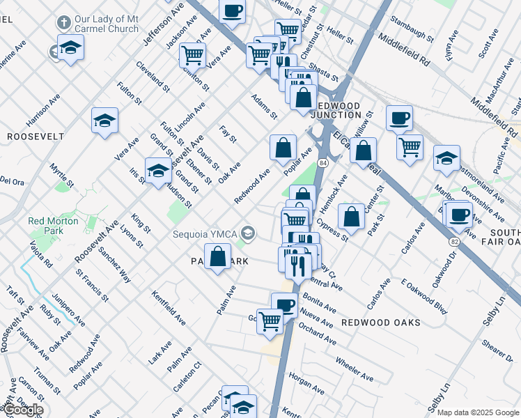 map of restaurants, bars, coffee shops, grocery stores, and more near 1401 Hess Road in Redwood City