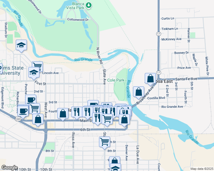map of restaurants, bars, coffee shops, grocery stores, and more near 518 First Street in Alamosa