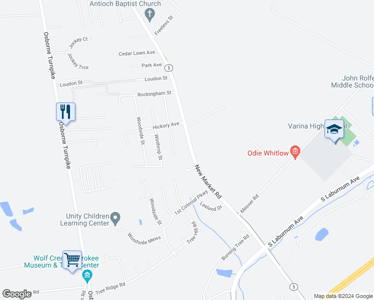 map of restaurants, bars, coffee shops, grocery stores, and more near 1583 New Market Road in Richmond