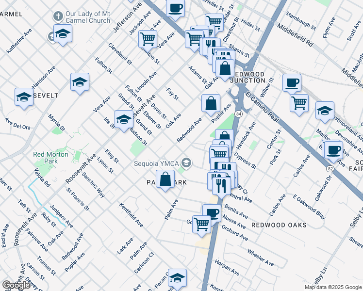 map of restaurants, bars, coffee shops, grocery stores, and more near 506 Redwood Avenue in Redwood City